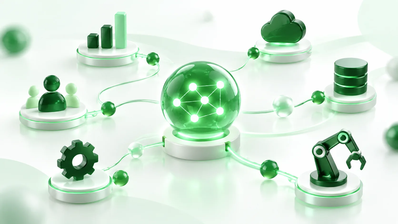 3D render of a glossy green AI network orb connected to CRM, analytics, cloud, and automation icons on a light background