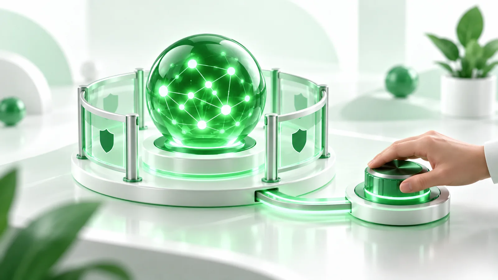 3D render of a glossy green AI orb behind a small guardrail and a human hand on a control dial, on a soft light background