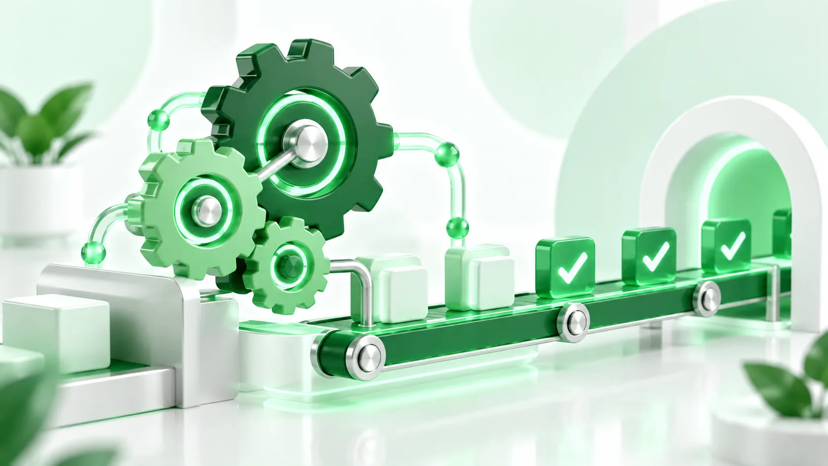 3D render of interlocking green gears and a small workflow conveyor on a light background