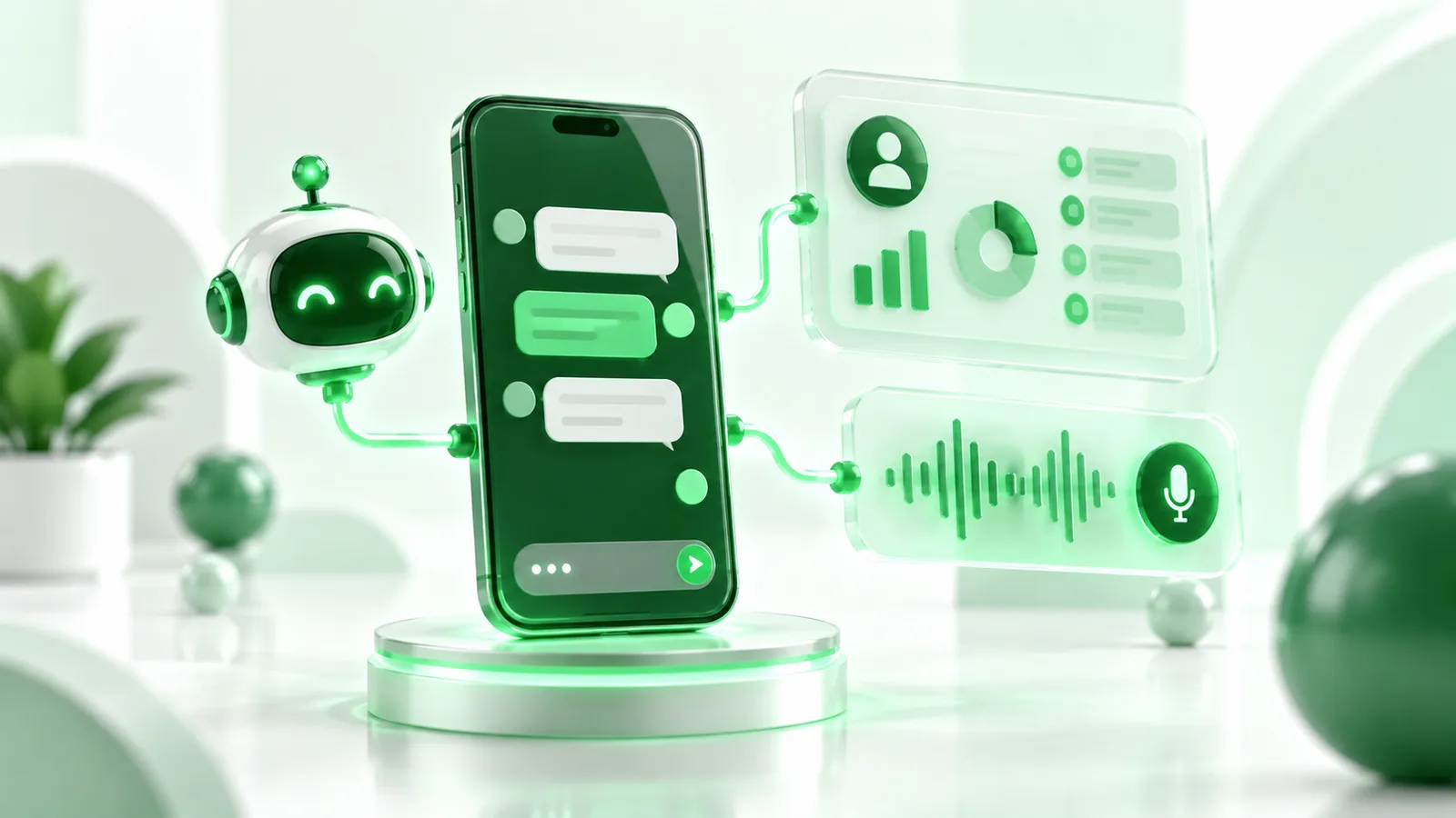 3D render of a green smartphone showing a chat bubble linked to a CRM dashboard and a voice waveform, on a light background