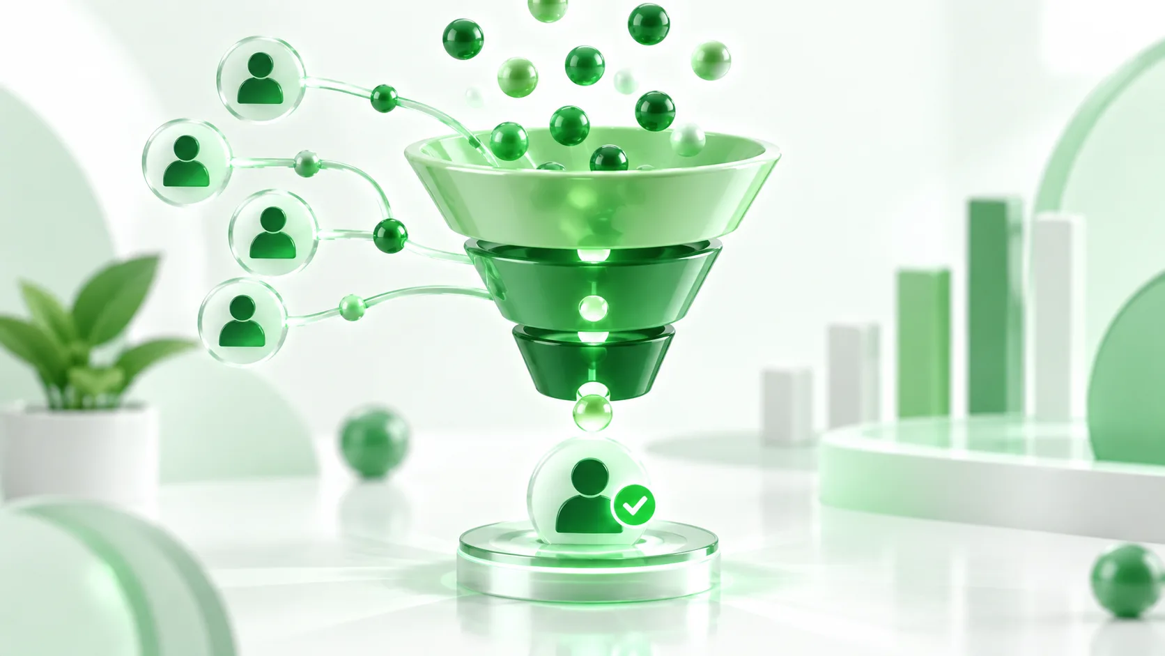 3D render of a green sales pipeline funnel with flowing spheres representing leads