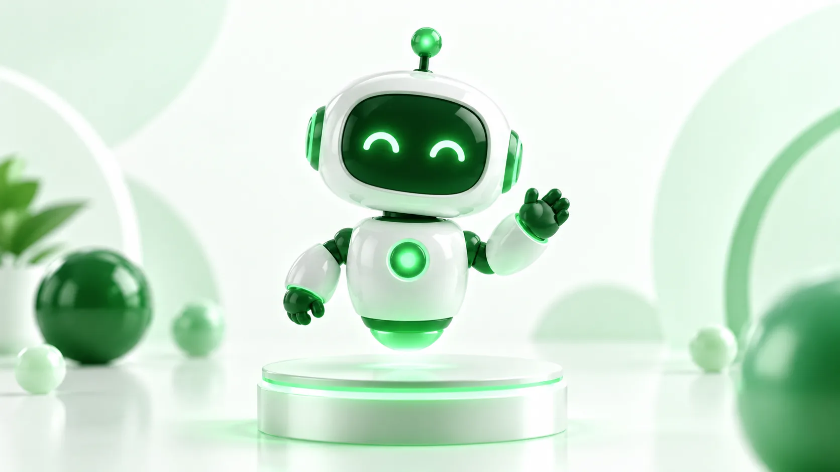 3D render of a friendly green robot assistant under soft studio lighting on a light background